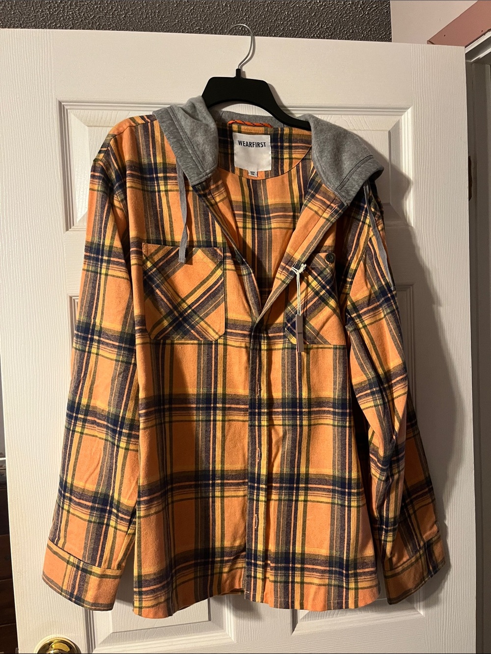 Orange Plaid Hooded Flannel Shirt Jacket